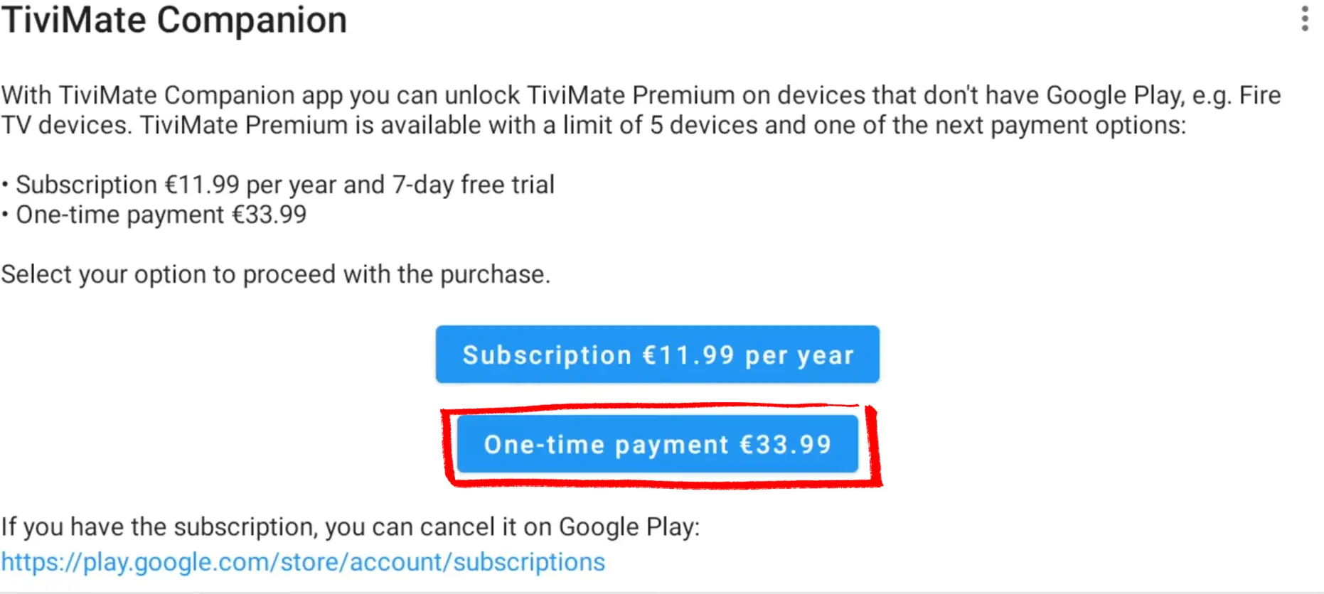 Choose TiviMate Premium plan - yearly or lifetime - in Companion on Android phone