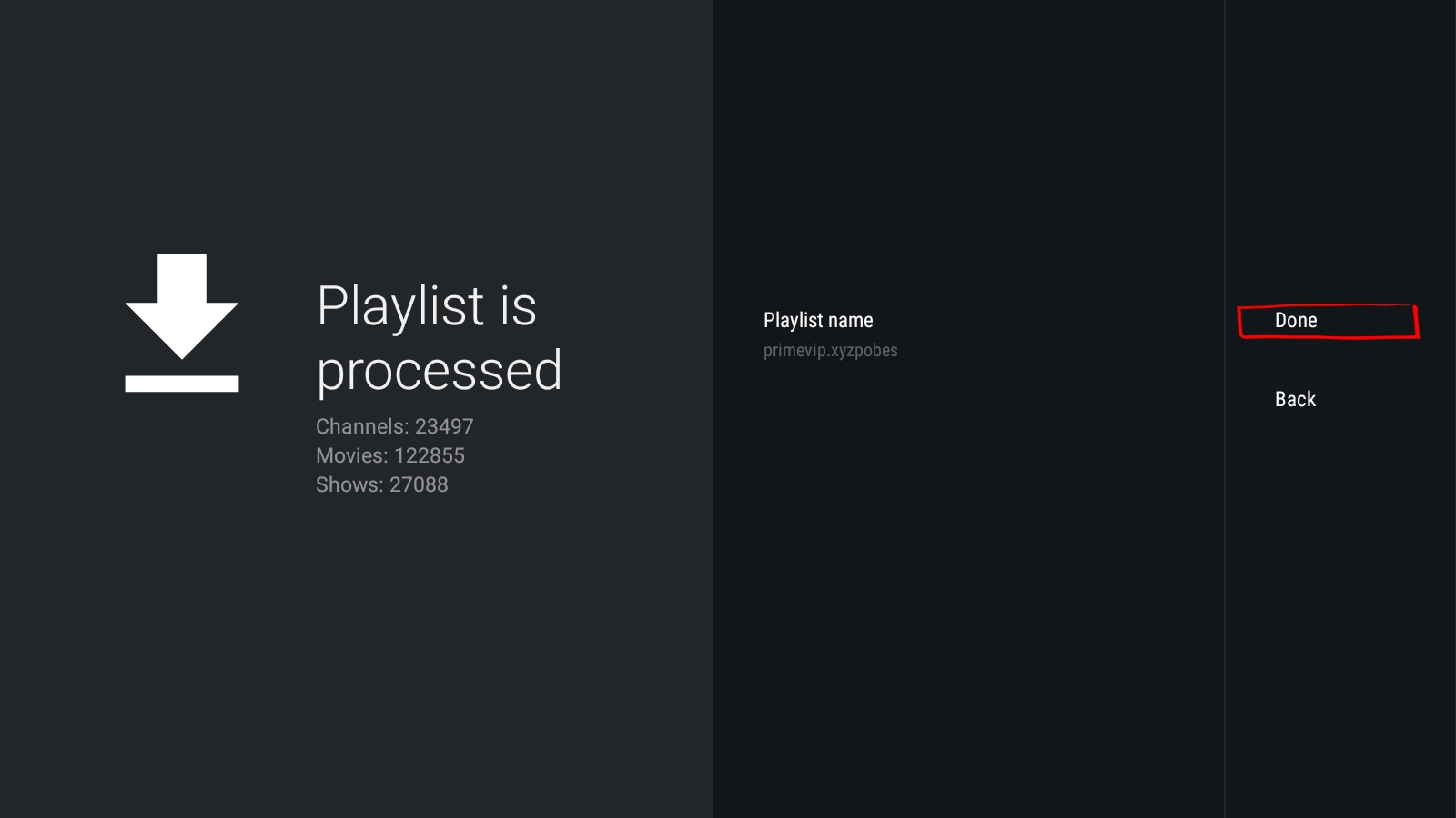 TiviMate playlist processed and channels loaded on Android phone
