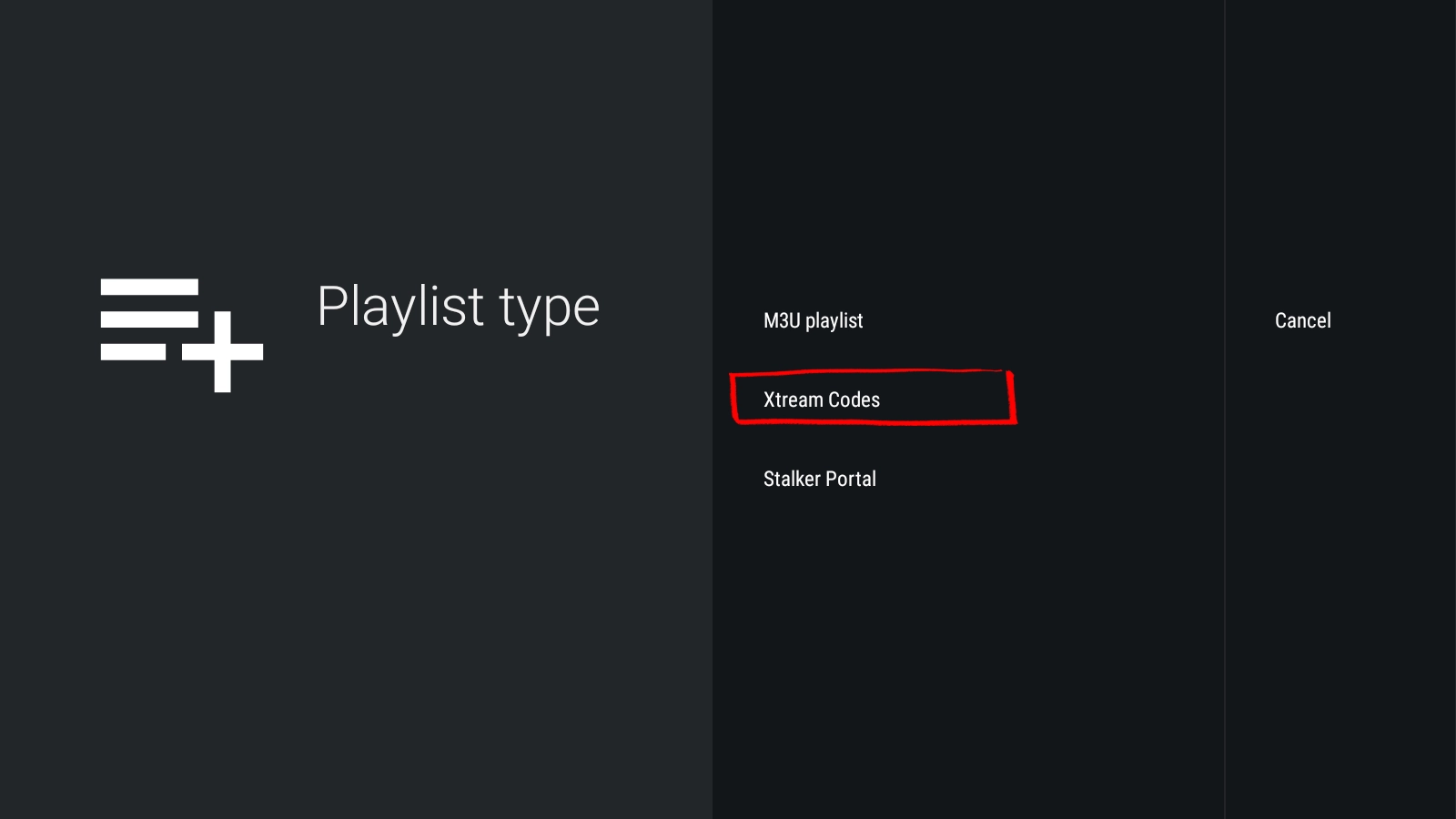 Select Xtream Codes playlist type in TiviMate on Android phone