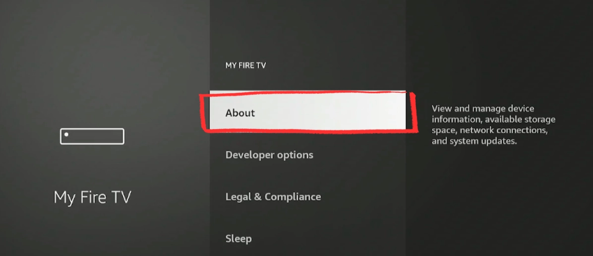 Select About inside My Fire TV to reveal developer options