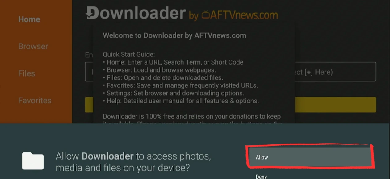 Open Downloader and allow file access on Fire Stick