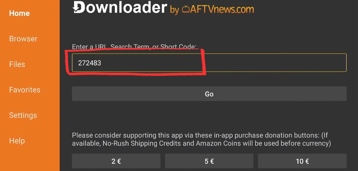 Install TiviMate on Fire Stick: enter Downloader code 272483 and press Go