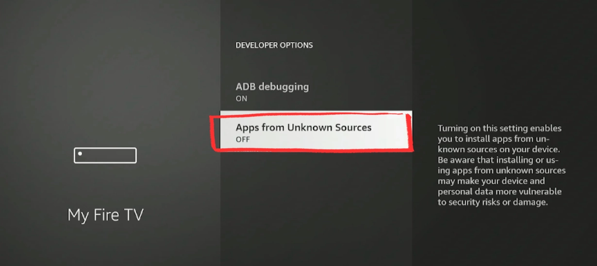 Open Install Unknown Apps in Fire Stick developer options