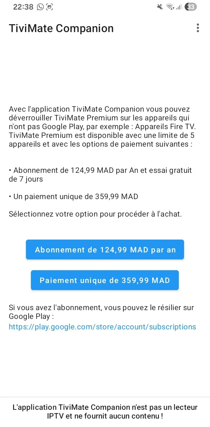 Choose a TiviMate Premium plan in the Companion app: yearly with a 7-day free trial or a one-time payment