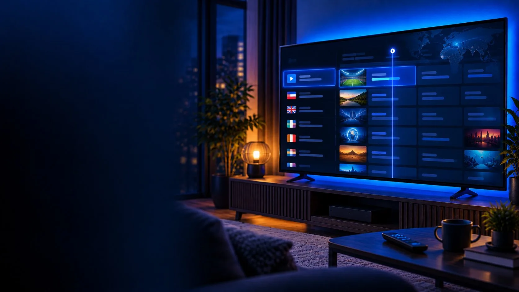 A smart TV showing a grid of free public IPTV channels from an M3U playlist