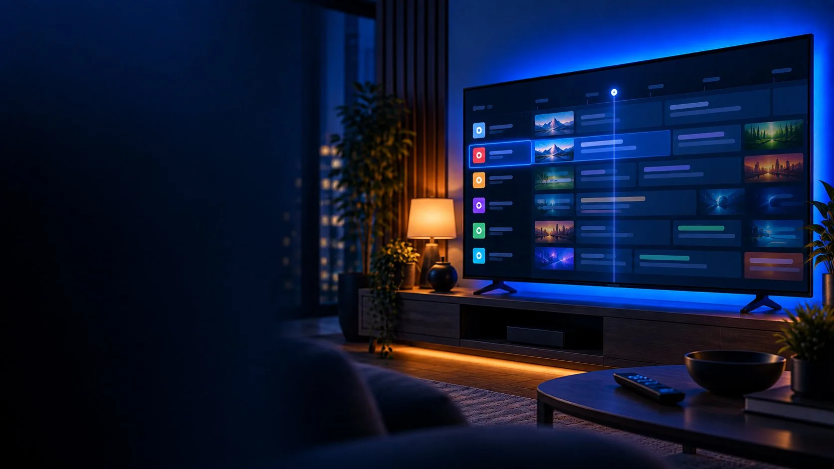 TiviMate EPG shown as a grid TV guide with channel rows and program times