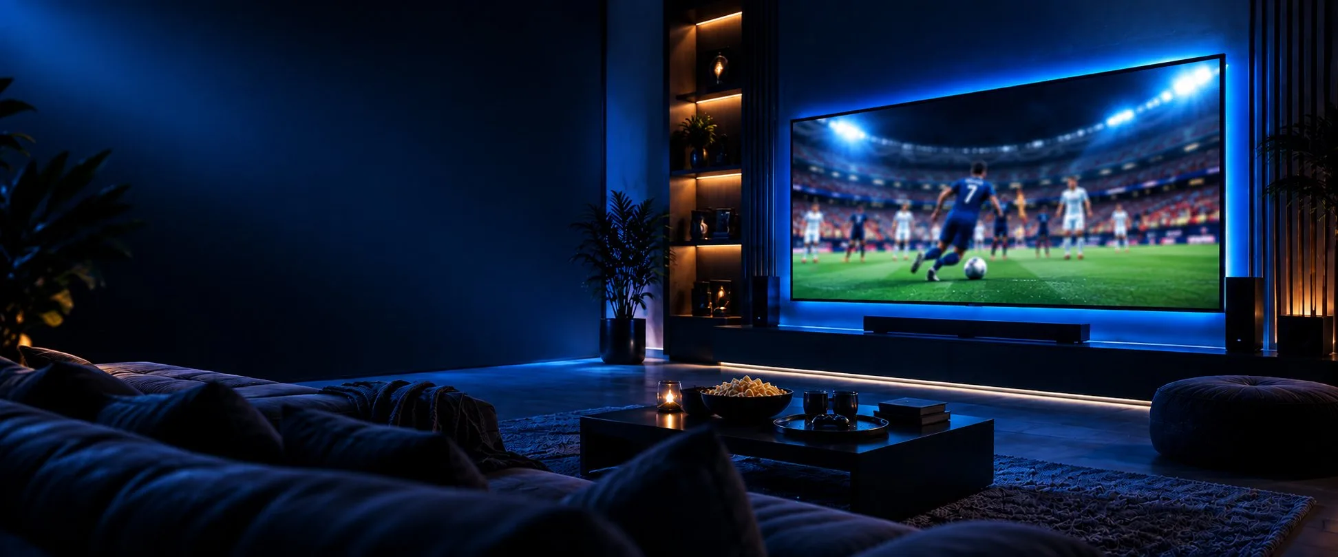 Live football match streamed with TiviMate Premium in a dark home cinema