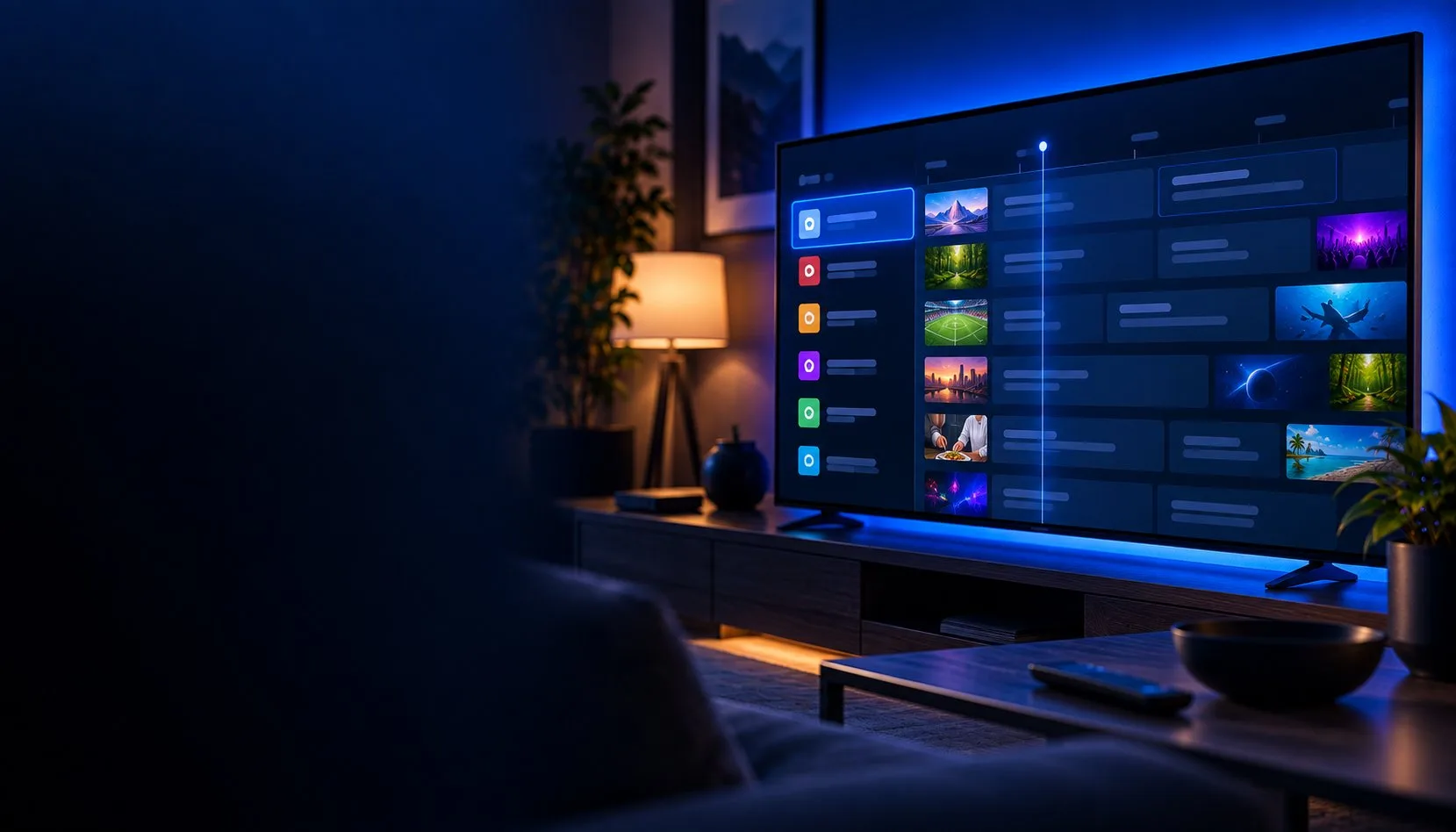 TiviMate displaying a cable-style live TV channel guide on a smart TV